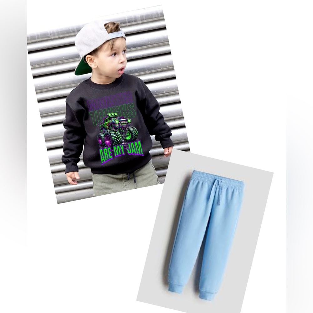 H&M Monster Truck Sweatshirt Light Blue Kids Sweatpants Joggers Boys 4T 5T